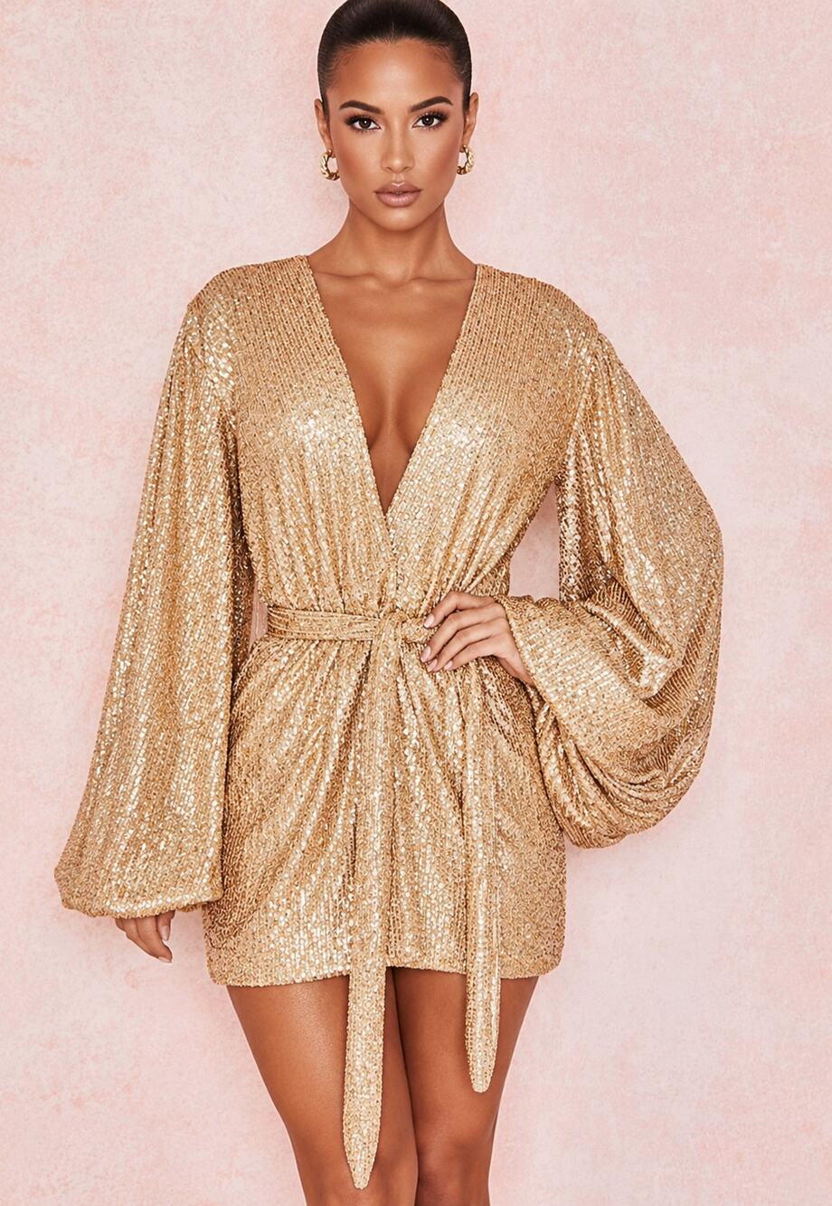 House of CB Verina Gold Iridescent Sequin Wrap Long Sleeve Mini Dress XS EUC